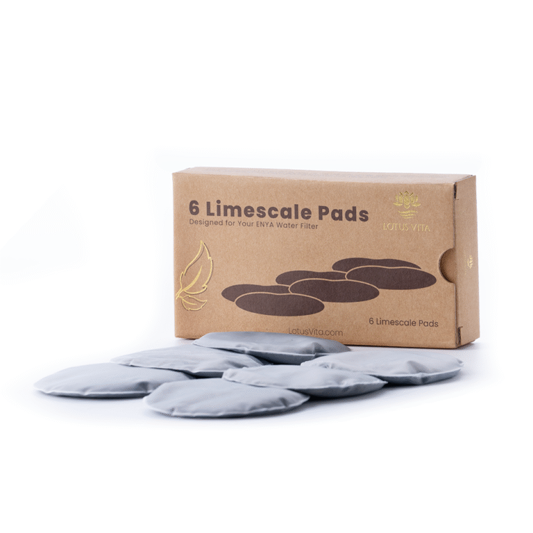 A box of Lotus Vita 6 Limescale Pads designed for the ENYA water filter, with the six individual pads displayed in front.