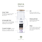 An exploded diagram of the Lotus Vita ENYA water filter pitcher, illustrating its components: a bamboo lid, inner tank, glass pitcher, limescale pad, multi-layer filter, and optional crystal holder.
