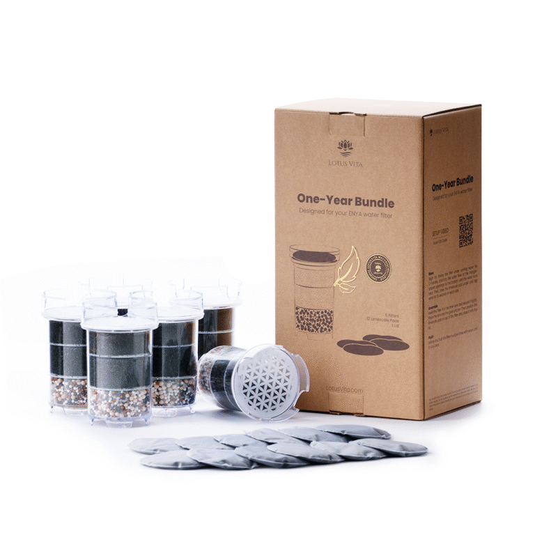 The Lotus Vita One-Year Bundle for the ENYA water filter, showing the box alongside six replacement filter cartridges and twelve limescale pads.