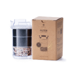 The Lotus Vita ENYA replacement filter cartridge with its multi-stage filtration layers is shown next to its retail packaging.