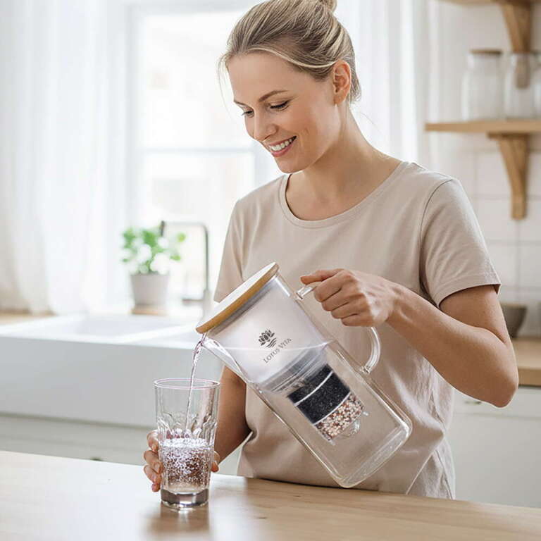 A smiling woman pours fresh, filtered water from a Lotus Vita ENYA glass pitcher into a glass in a bright kitchen.