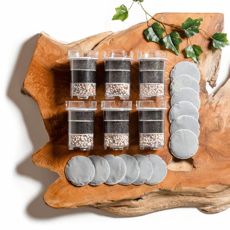 The Lotus Vita ENYA water filter pitcher box shown next to the Annual Filterpack box, which includes a one-year supply of replacement filters and pads.