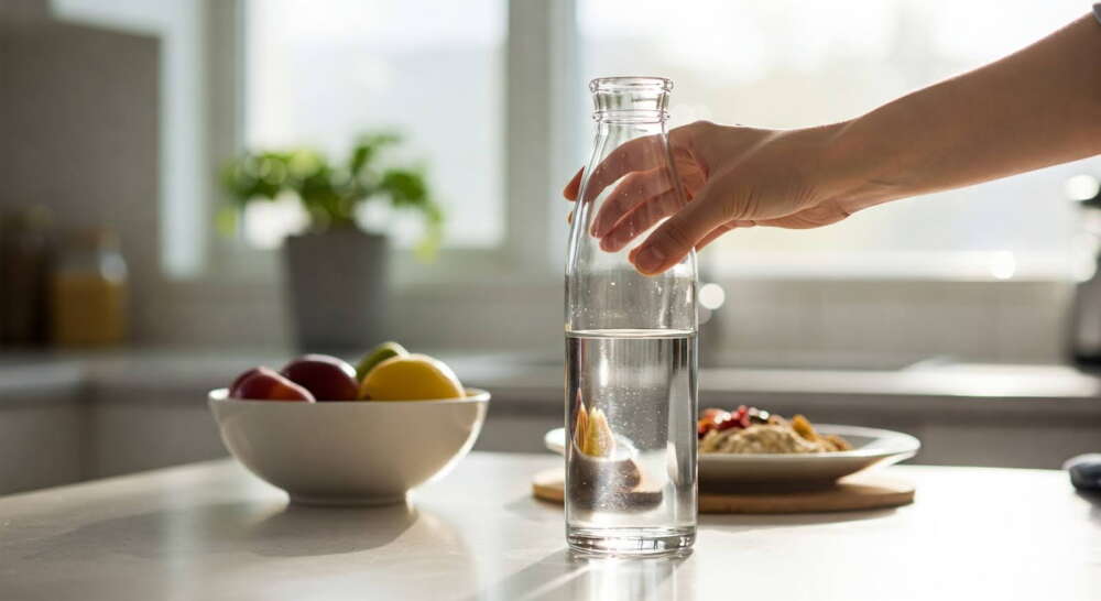 A hand reaches for a Lotus Vita glass water bottle on a bright kitchen counter, next to a bowl of fresh fruit and a healthy breakfast.
