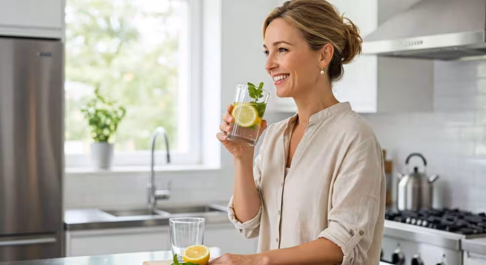 A smiling woman enjoys a refreshing glass of lemon and mint-infused water, filtered for purity and taste in her modern kitchen.
