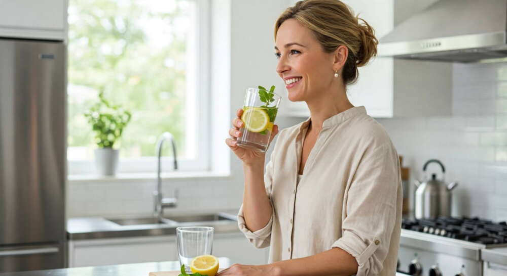 A smiling woman enjoys a refreshing glass of lemon and mint-infused water, filtered for purity and taste in her modern kitchen.