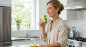 A smiling woman enjoys a refreshing glass of lemon and mint-infused water, filtered for purity and taste in her modern kitchen.