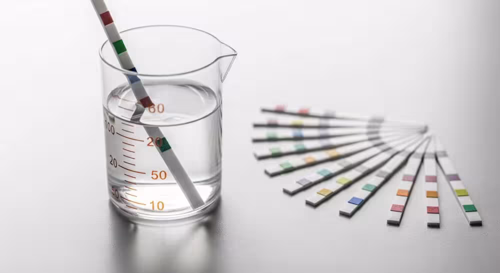 A water quality test strip is submerged in a beaker of water, with several unused test strips fanned out nearby on a white surface.