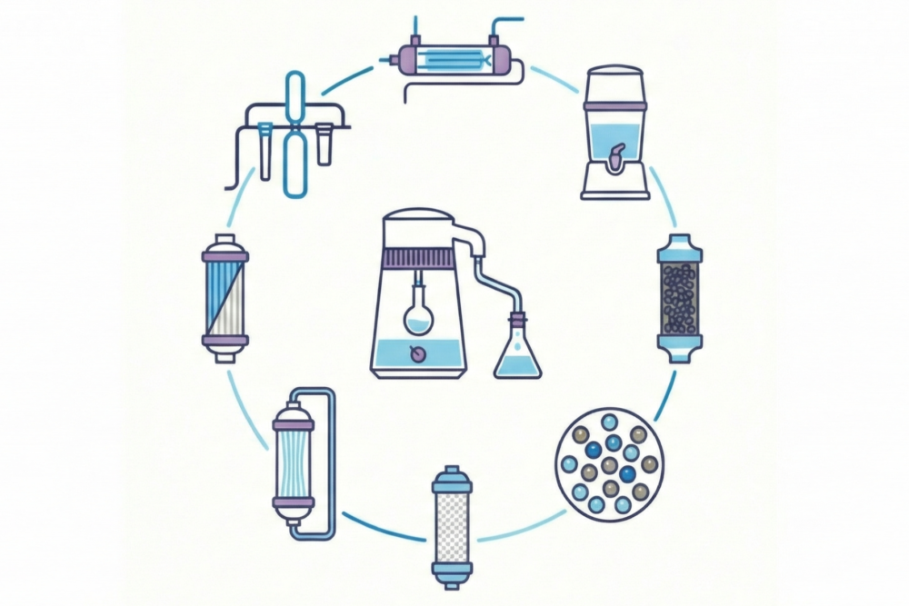 Infographic illustrating the multi-stage Lotus Vita water purification process, showing various filtration technologies in a circular flow.