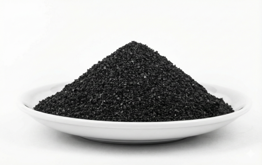A mound of high-performance granular activated carbon made from coconut shells, used in Lotus Vita water filters, displayed in a white bowl.