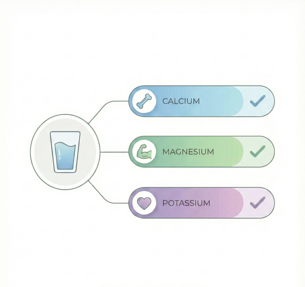 An infographic shows that drinking water contains essential minerals: calcium for bone health, magnesium for muscle function, and potassium for heart health.